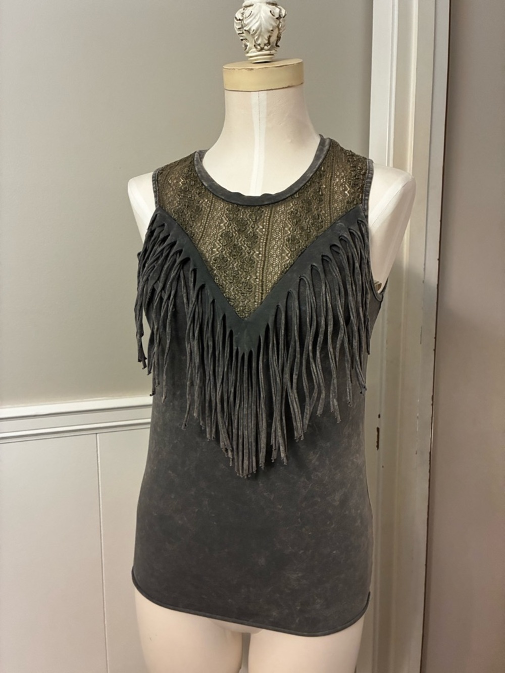 BKE Charcoal Fringe Lace Yolk Boho Tank